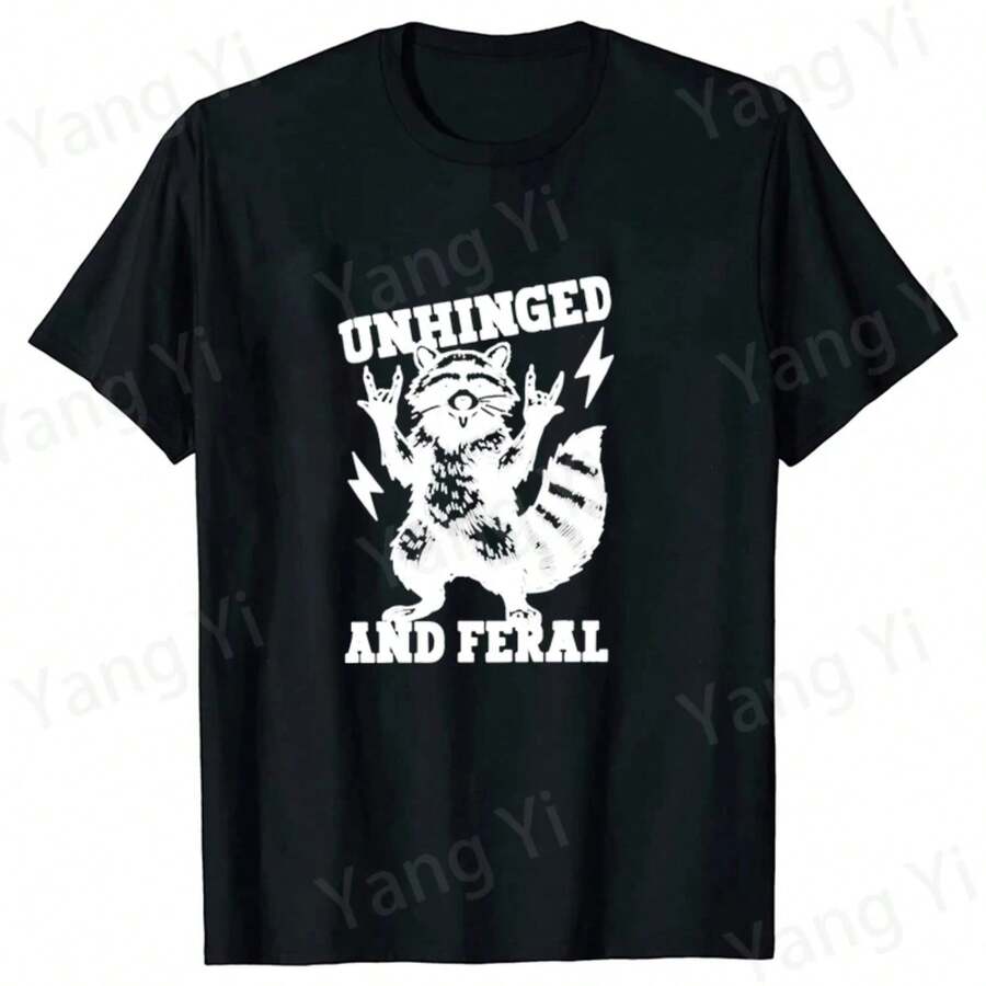 Fashionable T-Shirt With Raccoon Print And Rocker Gesture, Short Sleeve, For Men And Women, Creative And Personalized Design - Black - View 1
