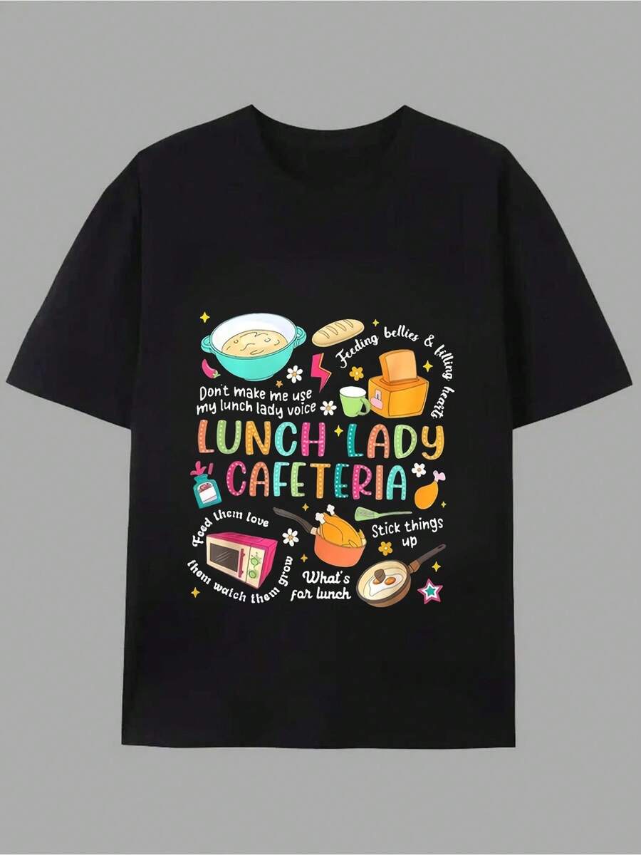 Women's T-Shirt, Vintage Round Neck T-Shirt, Suitable For Cafe Staff And Teachers - Breathable Casual T-Shirt With A Subtle Uniform Style, Plus Size Birthday Gift, Daily Wear, Suitable For Cafe Staff And Educational Workers To Wear All Year Round. - 黑色 - 查看 1