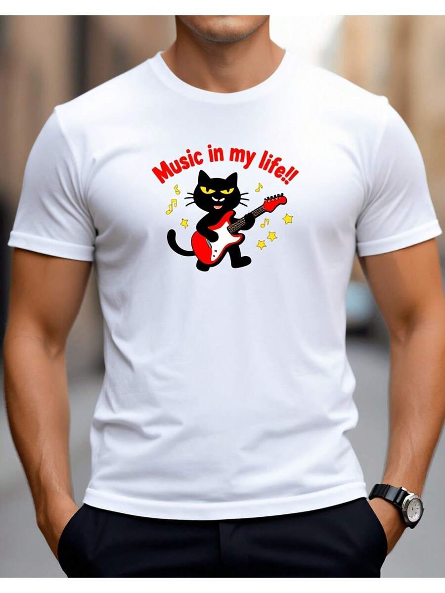 Men's T-Shirt With Cat And Guitar Design, Casual And Fun Style For Rock Music Lovers, Summer Party Clothes, Men's T-Shirts, Men's Clothing From Local Store - 白色 - 查看 1