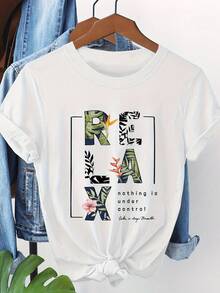 Camiseta con estampado relajante de temática tropical, ¡Disfruta de la relajación!, de manga corta y cuello redondo, top casual para verano y primavera, ropa de mujer - Blanco - Ver 2