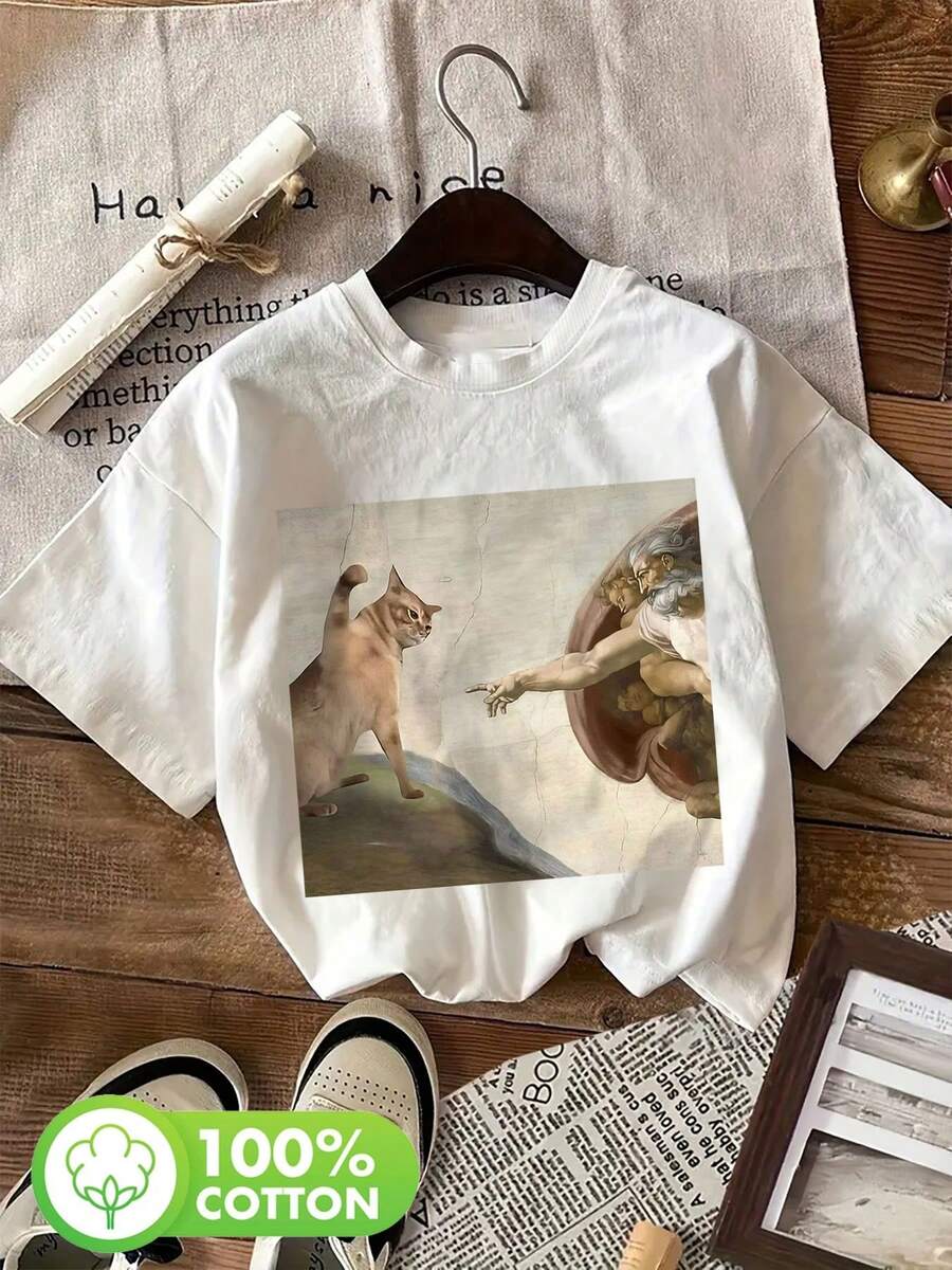 Camiseta de mujer de primavera/verano, estilo clásico, con estampado de huella digital del dios gato, holgada, casual, de manga corta y cuello redondo