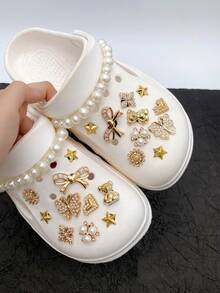 22pcs Fashionable Versatile Bear, Butterfly, Pearl Decor Chain Shoe Clips, Removable DIY Accessories For Women's Sandals, Slippers, Beach Bags, Suitable For Holiday And Birthday Party Gifts - Gold - View 2
