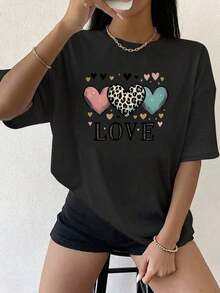 Camiseta Casual de Manga Corta para Mujer con Cuello Redondo, Estampado de Corazón y Leopardo, Bajo Regular, Tela de Poliéster - Negro - Ver 2