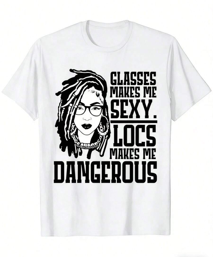 Bold Graphic Print Black T-Shirt For Men And Women - "Lenses Make Me Sexy, Dreadlocks Make Me Dangerous" Slogan, Regular Fit, Short Sleeve, Crew Neck, - 白色 - 查看 1
