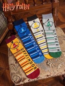 Noctvar OBM Sleepwear X Harry Potter 4雙哈利波特靈感巫師帽與學院標誌印花中筒襪，復古4學院配色，百搭休閒、派對、粉絲收藏，時尚舒適透氣學生襪，適合日常穿著、返校、節日禮物 - 彩色 - 查看 2