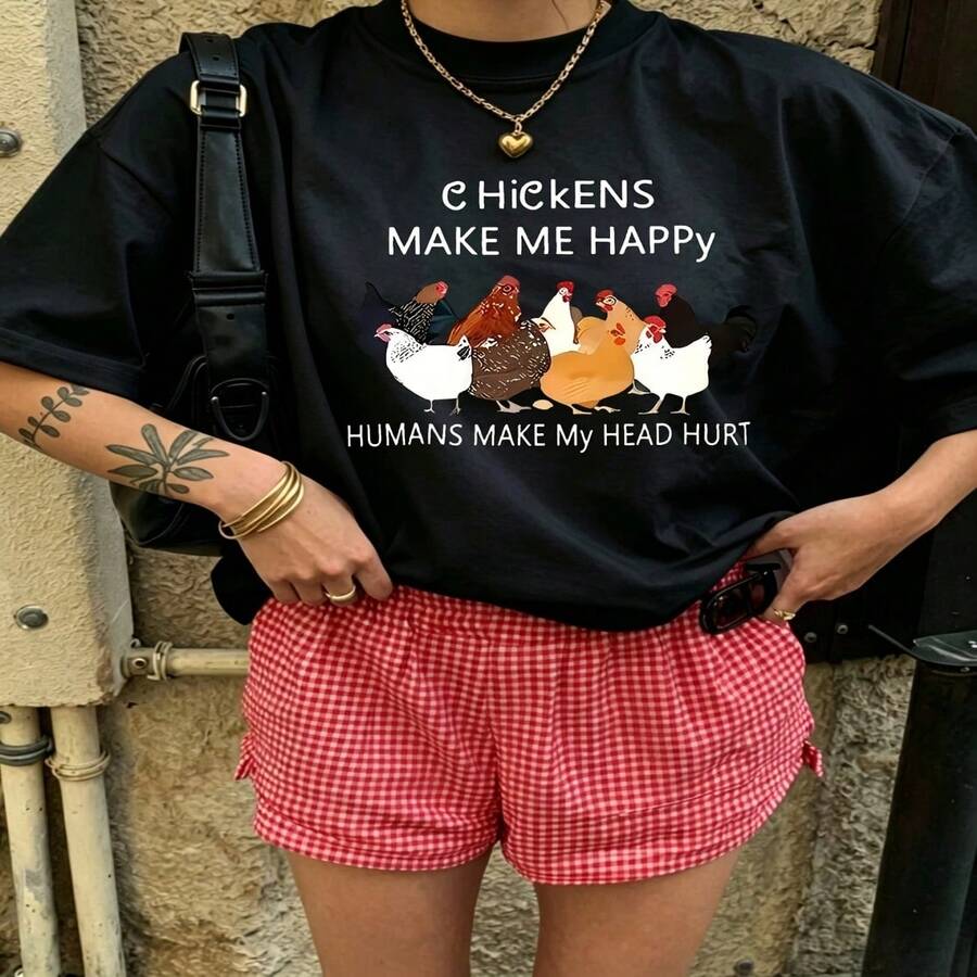 Cute Daily Casual Graphic T-Shirt 100% Cotton Oversized Soft Breathable Casual Crewneck Short Sleeve Top Aesthetic Daily Fashion Lovers Casual Wearers Gift Givers Basic - 黑色 - 查看 1