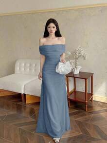 Vestido de mujer con escote ilusión descubierto de hombros y cintura fruncida, elegante para bodas y citas - Verde militar - Ver 11