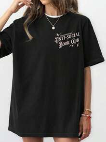 Antisocial Book Club, Skull Literature, Introverted Bookworm, Casual Short Sleeve Crew Neck Printed T-Shirt, Women's Summer Top. Breathable And Comfortable. - 黑色 - 查看 4