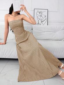 Vestido largo elegante sin tirantes con cremallera en la espalda a rayas para mujer, uso diario casual - Caqui - Ver 4
