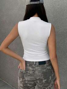 Camiseta casual de manga corta de ajuste ceñido, cuello de polo, lisa para mujer - Blanco 2 - Ver 4