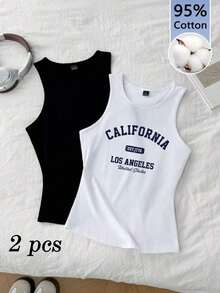 2 piezas de camiseta de tirantes de mujer de ajuste ceñido con estampado minimalista de letras de California en negro y blanco - 95% algodón, para primavera y verano, uso en todas las estaciones, vuelta al colegio, ropa de casa y deporte, estilo re - Blanco y Negro 3 - Ver 9