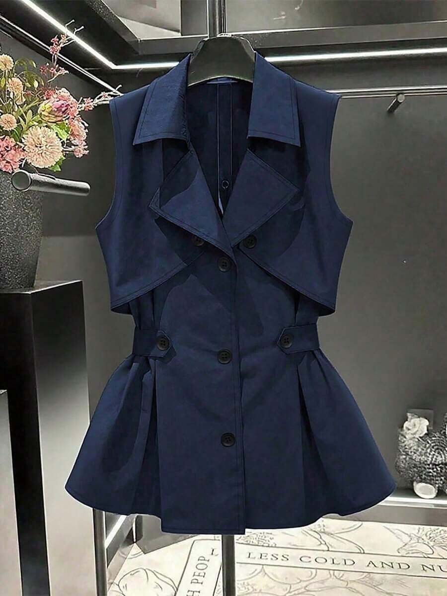 Chaleco de blazer sin mangas de doble botonadura de alta gama en azul marino para otoño/invierno: diseño de cuello de solapa + bajo fruncido, tela rígida que favorece la figura, versátil para capas, ropa de trabajo, citas casuales, trayecto - Chaqueta sin mangas de estilo vintage que disimula los defectos, combina bien con camisas, camisetas de tirantes, jerséis de cuello alto Chaleco de mujer Parte superior azul marino Vestido de mujer Parte superior azul oscuro - Azul marino - Ver 1