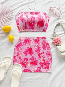 con estampado floral Top bandeau & Falda ajustada - Multicolor - Ver 5