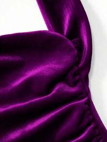 Vestido con cuello de halter y bajo de cola de sirena para mujer, vestido elegante sin espalda con pliegues sin mangas y ajuste ceñido color rosa intenso liso para fiestas y salidas nocturnas, vestido largo de mujer para primavera/verano - Morado - Ver 4
