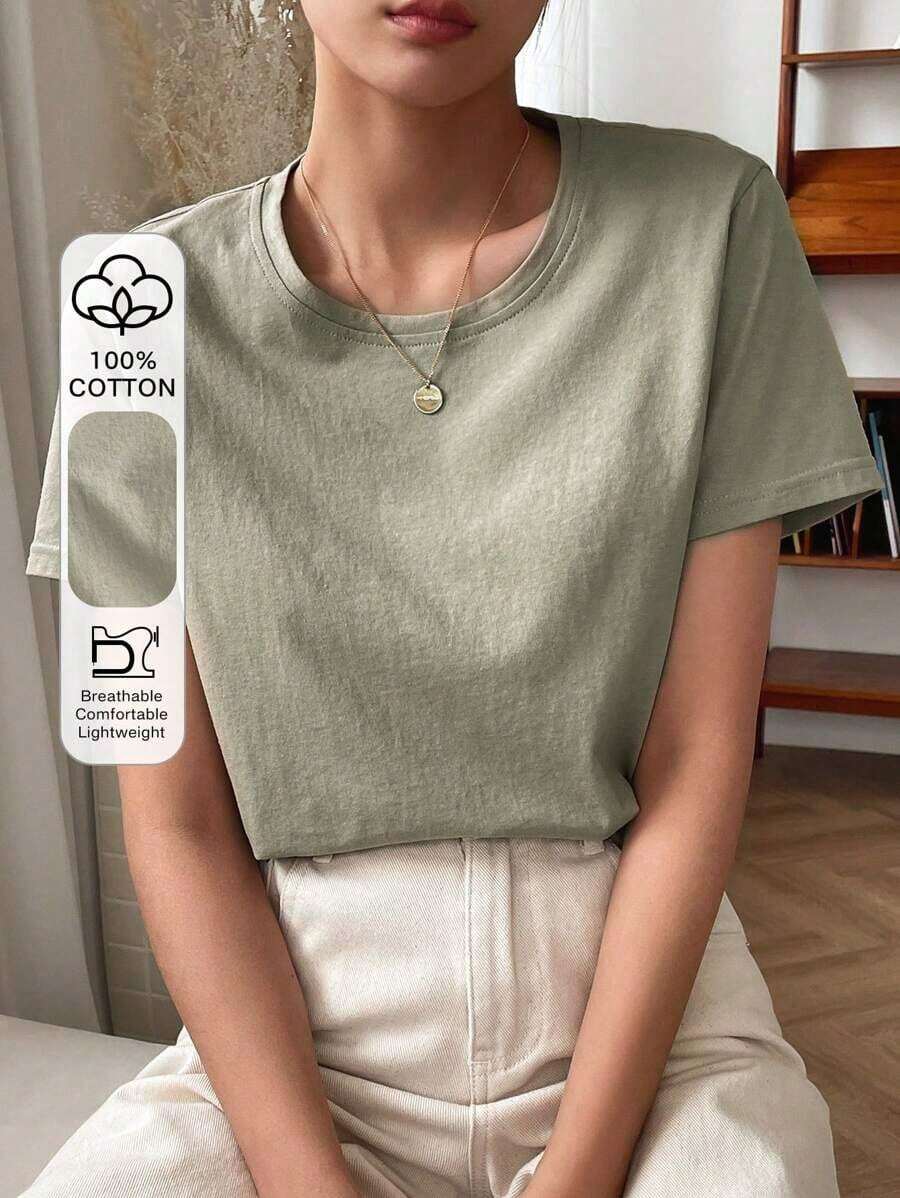 Camiseta Sólida Con Cuello Redondo - Verde - Ver 1