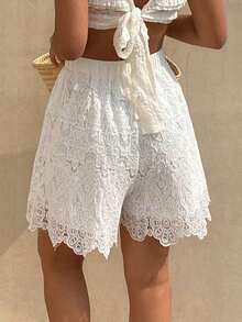 Pantalones cortos casuales de playa de encaje blanco con parches, adecuados para primavera y verano, vacaciones y bodas - Blanco 3 - Ver 2