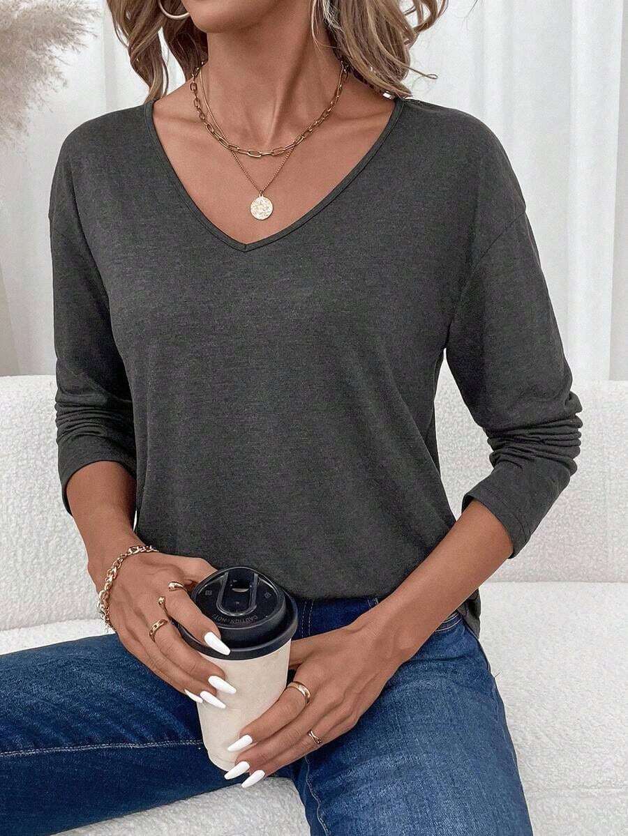 Camiseta de manga larga con cuello en V regular y estilo minimalista casual, adecuada para otoño/invierno - Gris Oscuro - Ver 1