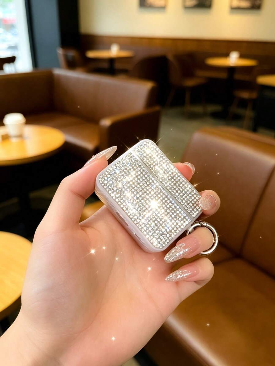 1 chiếc ốp bảo vệ Apple Series đính đá lấp lánh, ốp tai nghe vuông sang trọng có móc treo, tương thích với Apple 1/2, Pro, 3, Pro 2, 4, Pro 3. - Bạc - Xem 1