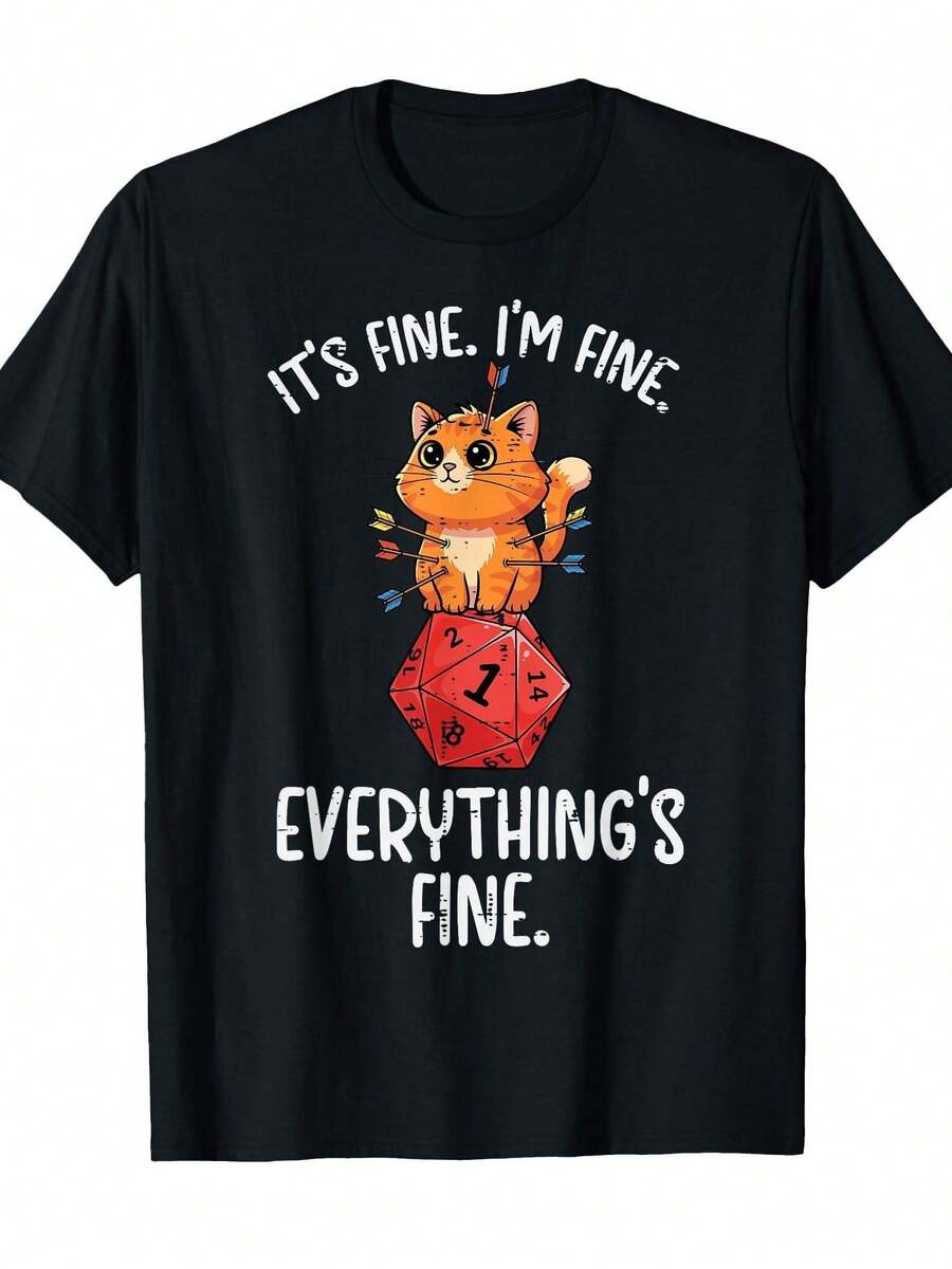 Camiseta Gamer Cat I'M Fine D20 Dice RPG Unisex Casual para Gaming con Diseño de Dado D20, Tallas S-3XL, Perfecta para Reuniones, Convenciones, Uso Diario, Hombres y Mujeres, Accesorio de 4ª Edición - Negro - Ver 1