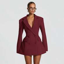 Vestido blazer de manga larga, corte ajustado, color sólido, estilo casual de otoño, diseño de bolsillos falsos en copa - Burdeos - Ver 2