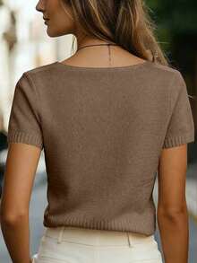 Blusa de punto ajustada con cuello en V y manga corta, color albaricoque, con detalle de trenzado, uso diario minimalista - Marrón Mocha - Ver 2