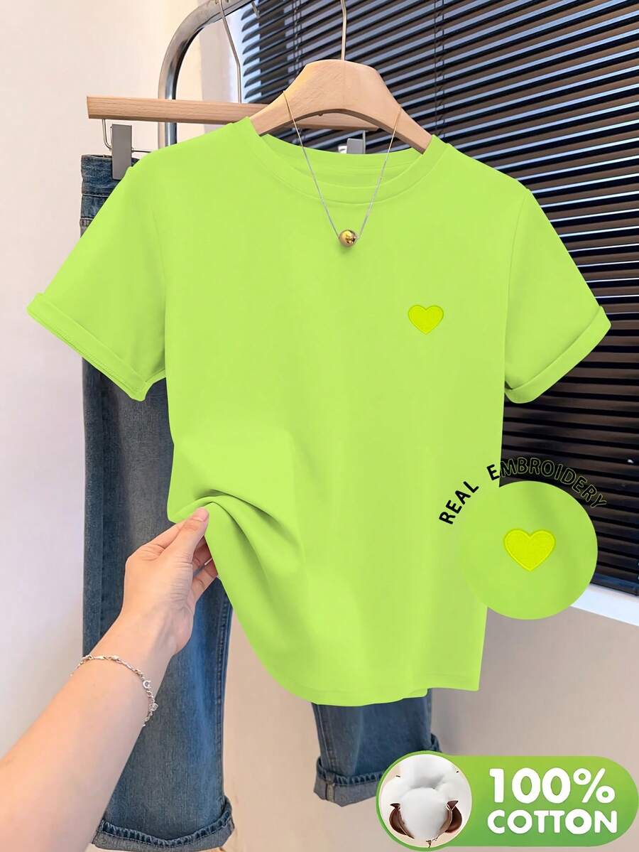 Women's 100% Cotton Embroidered Short-Sleeved T-Shirt With A Round Neck, Made From Soft, Skin-Friendly, Breathable, And Comfortable Fabric. Ideal For Year-Round Wear, Perfect For Casual Outings, Machine Washable, And Ideal For Art And Design Lovers With A Unique Style. - 螢光綠 - 查看 1