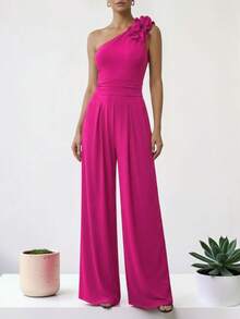 Women's Elegant One-Shoulder Palazzo Jumpsuit Dress, Long Jumpsuit, Formal Outfit For Party, Wedding, Graduation - 玫紅色 - 查看 3