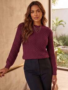 Women's Honeycomb Knit Sweater, Long Sleeve, Round Neck, Ribbed Cuffs, Winter Knit - Màu Đỏ Sâu - Xem 1