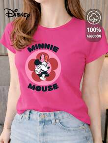 Women's T-Shirt Made Of 100% High-Quality Cotton. This T-Shirt Guarantees Exceptional Softness To The Touch, With A Round Neck, "Disney Minnie Mouse Flower" Print, And Short Sleeves. - 玫紅色 - 查看 1
