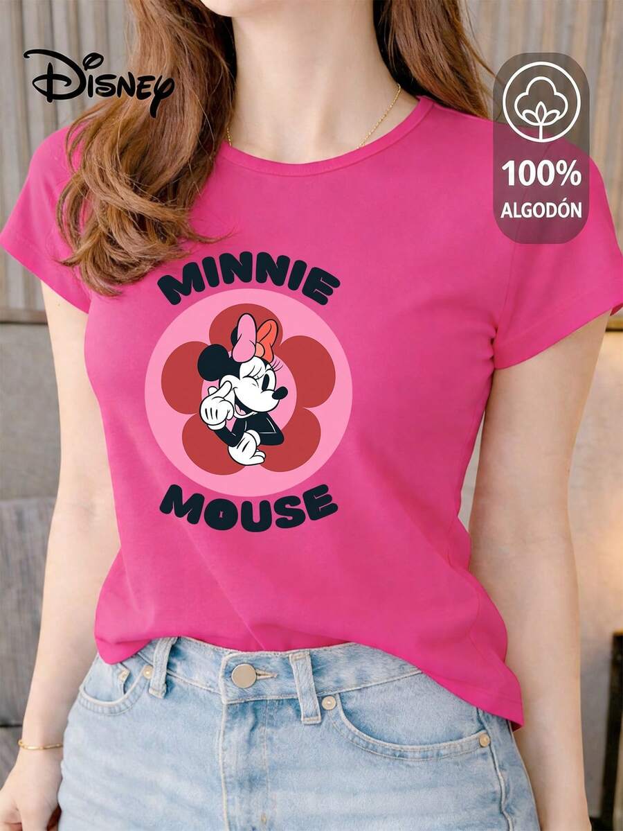 Women's T-Shirt Made Of 100% High-Quality Cotton. This T-Shirt Guarantees Exceptional Softness To The Touch, With A Round Neck, "Disney Minnie Mouse Flower" Print, And Short Sleeves. - 玫紅色 - 查看 1