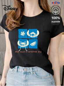 Made From 100% High-Quality Cotton, This T-Shirt Guarantees Exceptional Softness To The Touch, With A Round Neck, "Disney Stitch & Angel Carefree Day" Print, And Short Sleeves. - 黑色 - 查看 1
