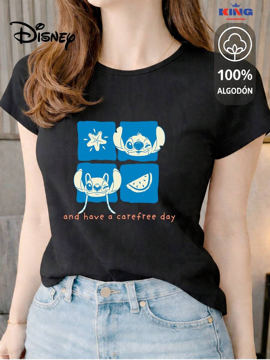 Made From 100% High-Quality Cotton, This T-Shirt Guarantees Exceptional Softness To The Touch, With A Round Neck, "Disney Stitch & Angel Carefree Day" Print, And Short Sleeves. - 黑色 - 查看 1