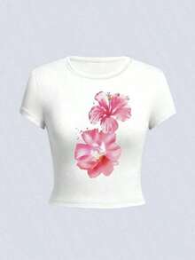 Camiseta de manga corta con cuello redondo para mujer, corte ajustado, con estampados florales y de conchas, sencilla y elegante, adecuada para el verano, una opción ideal para el uso diario casual de las mujeres. - Blanco - Ver 2