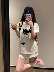 Camiseta de manga corta personalizada con estampado de pata de gato estilo pixelado Y2K, holgada estilo Lolita, versátil, casual, blanca, estilo vintage de verano, estilo urbano, unisex, de algodón, manga corta y cuello redondo. - Blanco - Ver 5