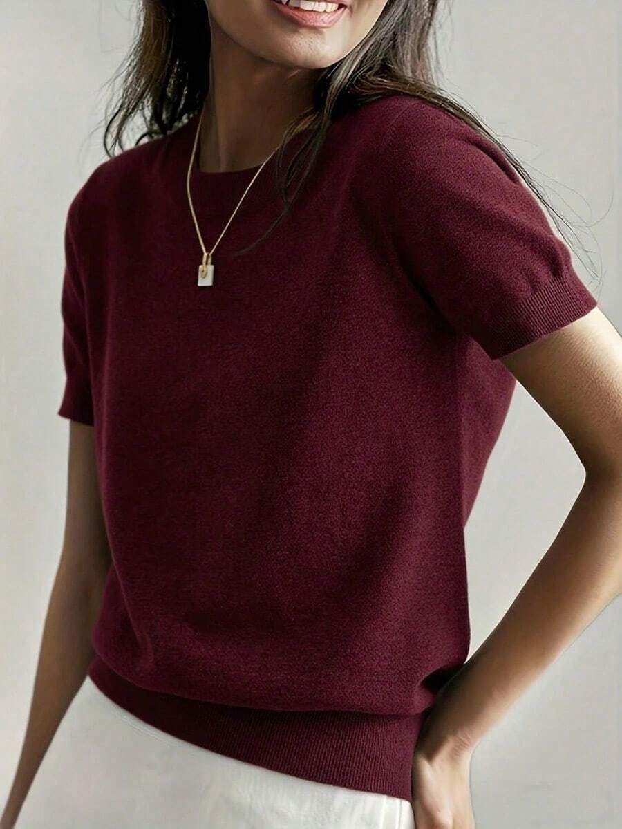 Camiseta de punto de manga corta de unicolor y peso ligero para mujer, top minimalista de verano - Burdeos - Ver 1