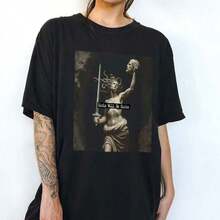 Camiseta divertida de algodón para niñas con diseño gráfico de Medusa y Perseus para mujer, camiseta cómoda de manga corta. - Negro - Ver 7