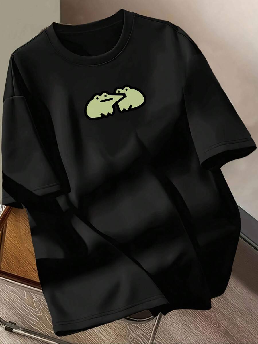 Women's Y2K Style Vintage 100% Cotton T-Shirts, Casual Short Sleeve T-Shirt - Cartoon Frog Print, Soft And Breathable Fabric, Medium Elastic Round Neck, Machine Washable, Fashionable For Spring, Summer And Autumn, Frog Print Top, Suitable For Daily Wear, Retro, Comfortable Fit, Printed Design, A Must-Have For Fashion Lovers. - 黑色 - 查看 1