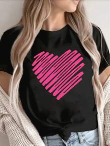 Lightweight And Durable Short-Sleeved T-Shirt In Black And White With A Pink Heart Design, Perfect For Casual Outings To Restaurants Or At Home. - Black - View 5