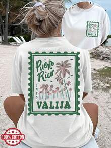 Women's Short Sleeve Crew Neck Slim Fit Plus Size T-Shirt [Double-Sided Print] Women's Casual Summer Vintage Style Palm Tree And Bird Print SUITCASE, Short Sleeve Crew Neck Pure Cotton Plus Size Drop Shoulder T-Shirt [Lan]2026,,,,,,-Suitable For Daily Wear, Vacation, Parties. 100% Cotton - 白色 - 查看 6