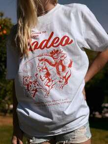 Women's Style Voyage Western Rodeo Graphic Tee With A Cowboy Riding A Horse And Cow Print, Casual Loose Fit, Unisex Top For Women And Men, Ideal For Outdoor Events And Summer Festivals, 180g 100% Cotton T-Shirt. Women's Blouses. - 白色 - 查看 4