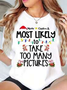 Women's Short-Sleeved T-Shirt With Round Neck And Print, Merry Christmas, Most Likely To Take Too Many Photos, S-3XL, Fashionable, Comfortable And Breathable, Machine Washable - 白色 - 查看 1