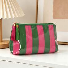 2026 Nuova borsa cosmetica a righe in PVC con nappe e cerniera, borsa da toilette da viaggio impermeabile - Sottili strisce verdi e rosa - Visualizzare 2