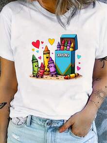 Camiseta de Mujer con Diseño Gráfico de Crayón - Camiseta Casual de Manga Corta con Cuello Redondo, Estampado Colorido, Tejido de Elasticidad Media, Perfecta para Primavera, Verano y Otoño ropa de mujer - Blanco - Ver 6