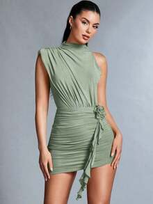 Vestido elegante para mujer con cuello de solapa y recortes en los hombros con pliegues - verde menta - Ver 9