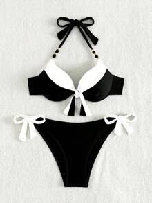 Conjunto de bikini de dos piezas de cobertura completa con aros de realce, liso, para playa de verano - Blanco y Negro - Ver 4