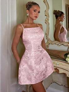 Charm Vestido sin mangas para mujer con tela jacquard metálica con flores 3D, vestido de lujo para fiestas/té con espalda hueca, sexy y elegante, para verano - Rosa 2 - Ver 4