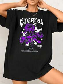 Women's T-Shirt With Timeless Floral Print, Roses And Birds, 100% Cotton, Round Neck, Casual Loose Fit, 1 Piece. Excellent Gifts For Friends And Family, Urban Wear. - 黑色 - 查看 1