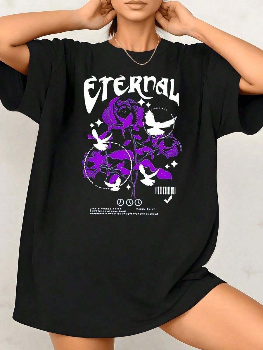 Women's T-Shirt With Timeless Floral Print, Roses And Birds, 100% Cotton, Round Neck, Casual Loose Fit, 1 Piece. Excellent Gifts For Friends And Family, Urban Wear. - 黑色 - 查看 1