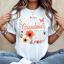 Floral Design T-Shirt With A Grandmother Quote, Round Neck, Casual, For Women, Mother's Day Gift, Grandmother Outfit, Casual Cotton T-Shirt For Everyday Wear. - 白色 - 查看 1