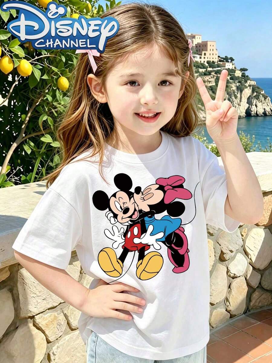 Disney Cute Cartoon Style Men's T-Shirt Mickey And Minnie Mouse Print Summer Casual Wear For Kids And Teens Gift For Children And Disney Fans - trắng - Xem 1